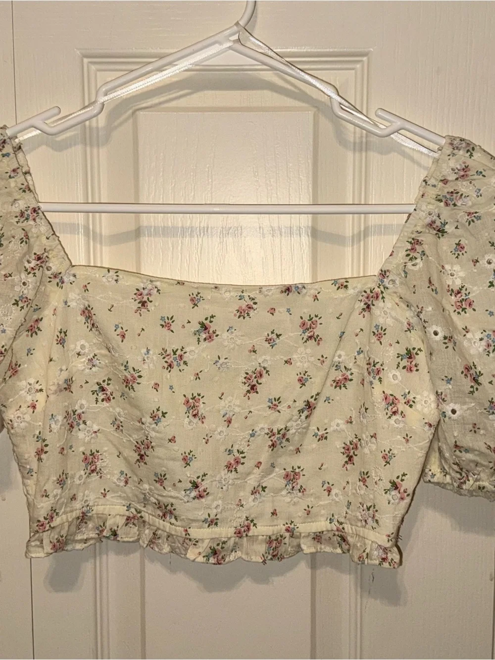 Altar'd State Cream Floral Square-Neck Crop Top with Pink & Green Accents